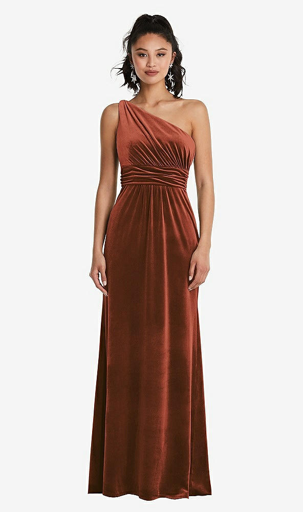 Front View - Auburn Moon One-Shoulder Draped Velvet Maxi Dress