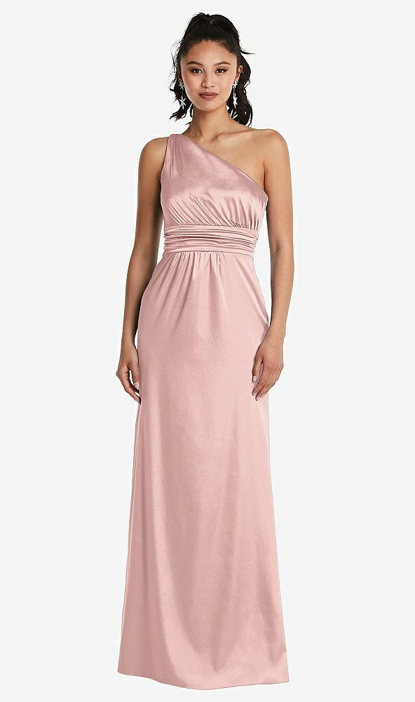 Front View - Rose - PANTONE Rose Quartz One-Shoulder Draped Satin Maxi Dress